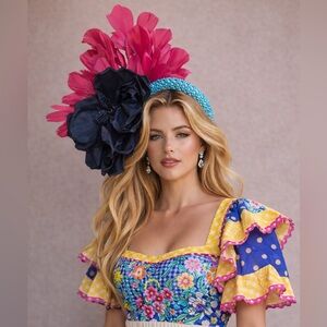 New Kentucky Derby Oaks Navy Floral Pink Feather Beaded Headband Fascinator Hat